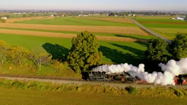 Strasburg Pennsylvania October 2020 Air View Farmlands Sunrise Steam Engine — стокове відео