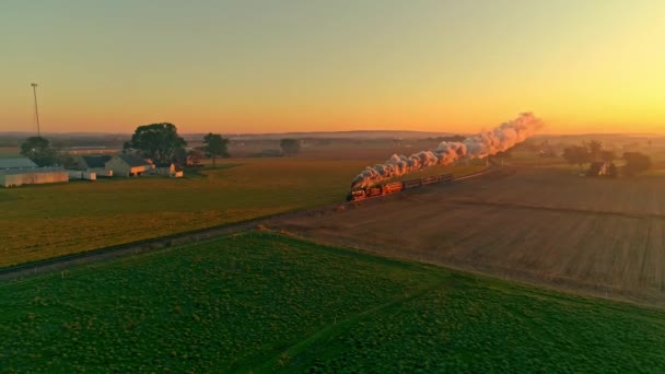 Aerial View Steam Engine Passenger Cars Golden Sunrise Approaching Full — Stock videók