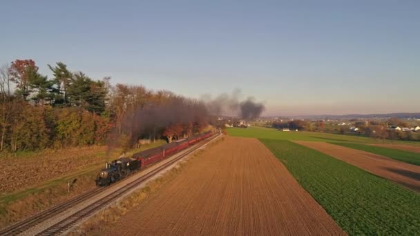 Aerial View Antique Steam Locomotive Approaching Pulling Passenger Cars Blowing — Stock Video