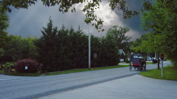 美国宾夕法尼亚州戈登维尔市 2020年9月 风暴来袭前 一匹阿米什骏马和三辆阿米什敞篷马和几辆小车步行回家 — 图库视频影像