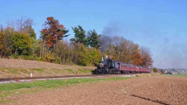 Ronks Pennpennsylvania November 2020 Античний Відновлений Паровий Поїзд Наближається Димом — стокове відео