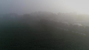 Sabahın erken saatlerinde çiftlik arazileri ve evleri üzerine yerleşen sisli bir hava manzarası