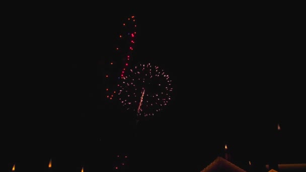 Vista Múltiples Explosivos Fuegos Artificiales Visualización Una Noche Tranquila Clara — Vídeos de Stock