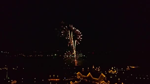 Luchtfoto Van Meerdere Vuurwerk Explosieven Weergave Een Rustige Heldere Nacht — Stockvideo