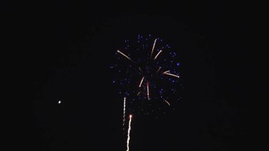 Gece gökyüzünün karanlık arkaplanına karşı canlı renkler halinde havai fişekler patlıyor ve yerel bir kutlama sırasında çarpıcı bir görüntü yaratıyor. Seyirciler heyecan içinde göz kamaştırıcı gösterinin tadını çıkarıyorlar..