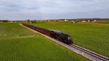 Vintage Steam Train Train klasik buhar treni yemyeşil alanlarla çevrili raylar boyunca hareket eder. Açık mavi gökyüzünün altında evleri olan küçük bir kasaba görülebilir. Sahne bir...