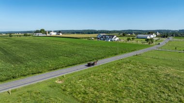 Yeşil tarlalar ve uzak çiftliklerle çevrili huzurlu kırsal bir yolda at arabası hareket ediyor. Açık mavi gökyüzü Pensilvanya kırsalının sakin yaz atmosferine ekleniyor..