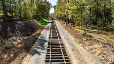 Demiryolu rayları, sakin bir orman manzarasının içinden geçiyor. Yol ağaçlarla kaplı ve zemin yeni hazırlanmış. Huzurlu ve doğal bir ortam sergiliyor..