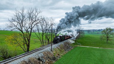 Kaliteli bir buhar treni demiryolu rayları boyunca, yemyeşil tarlaların ve bulutlu gökyüzünün zeminine yoğun dumanlar salıyor. Ağaçlar, sakin kırsal kesimde ilerlerken yol boyunca uzanır..