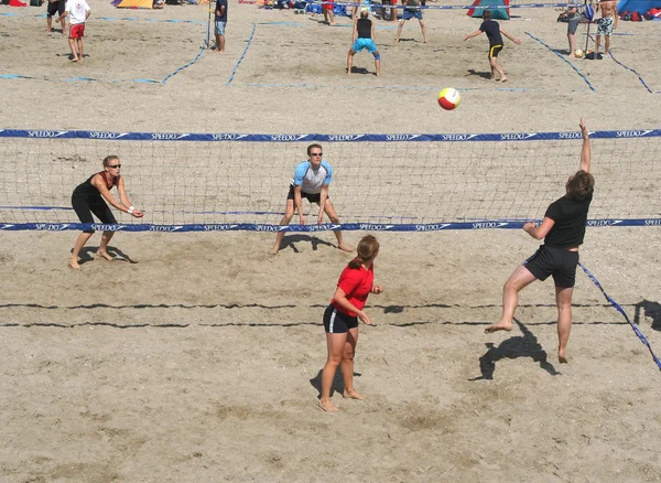 Oamenii joacă volei pe plajă pe plaja Scheveningen — Fotografie, imagine de stoc