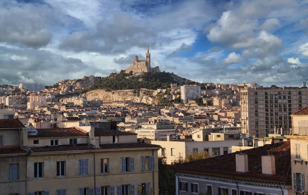 Notre Dame Garde Bazilika Egy Dombon Kilátás Nyílik Város Marseille — Stock Fotó