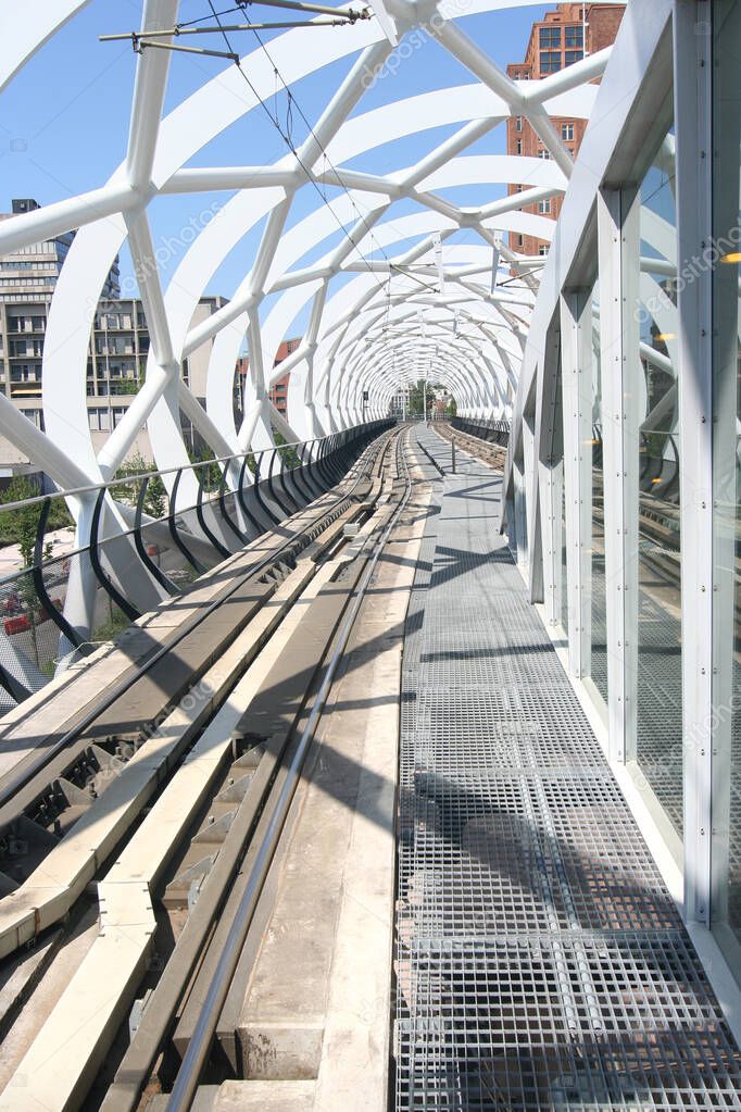 Futuristic elevated railway track in The Hague, Holland