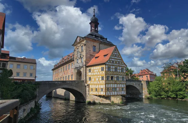 Історична Ратуша Бамберга Мосту Через Річку Регніц Німеччина — стокове фото