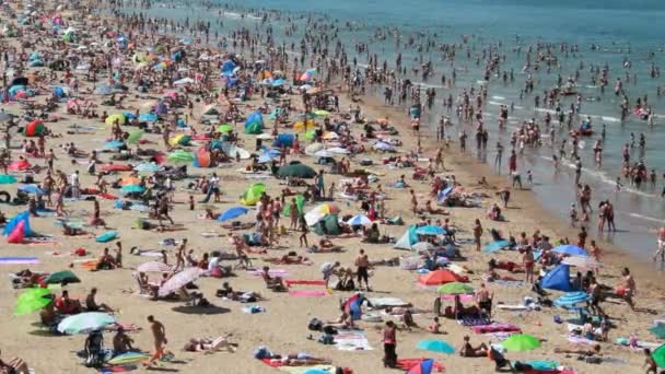 Playa abarrotada en verano — Vídeo de stock
