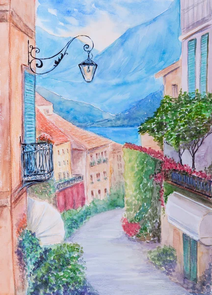 Pequeña ciudad vista de la calle en Bellagio, Lago de Como Italia — Foto de Stock