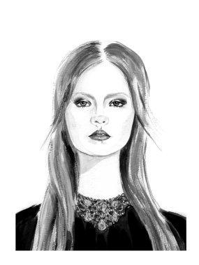 genç güzel kız suluboya çizimi el çekilmiş