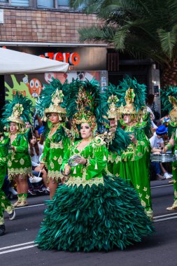Santa Cruz de Tenerife, İspanya, 17 Şubat 2026. Avrupa 'nın en büyük sokak karnavallarından biri olan Santa Cruz de Tenerife Karnavalı sırasında muhteşem renkli kostümler içinde gösteri yapanlar.