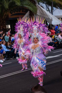 Santa Cruz de Tenerife, İspanya, 17 Şubat 2026. Avrupa 'nın en büyük sokak karnavallarından biri olan Santa Cruz de Tenerife Karnavalı sırasında muhteşem renkli kostümler içinde gösteri yapanlar.