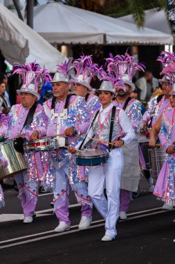 Santa Cruz de Tenerife, İspanya, 17 Şubat 2026. Avrupa 'nın en büyük sokak karnavallarından biri olan Santa Cruz de Tenerife Karnavalı sırasında muhteşem renkli kostümler içinde gösteri yapanlar.