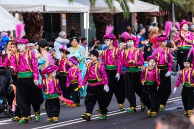 Santa Cruz de Tenerife, İspanya, 17 Şubat 2026. Avrupa 'nın en büyük sokak karnavallarından biri olan Santa Cruz de Tenerife Karnavalı sırasında muhteşem renkli kostümler içinde gösteri yapanlar.