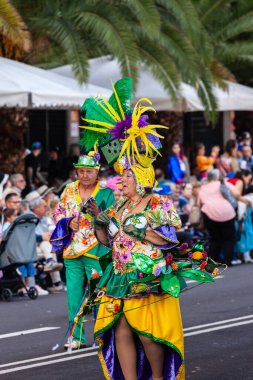 Santa Cruz de Tenerife, İspanya, 17 Şubat 2026. Avrupa 'nın en büyük sokak karnavallarından biri olan Santa Cruz de Tenerife Karnavalı sırasında muhteşem renkli kostümler içinde gösteri yapanlar.