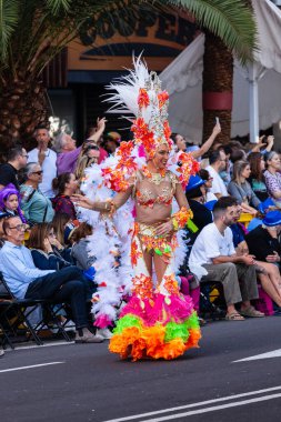 Santa Cruz de Tenerife, İspanya, 17 Şubat 2026. Avrupa 'nın en büyük sokak karnavallarından biri olan Santa Cruz de Tenerife Karnavalı sırasında muhteşem renkli kostümler içinde gösteri yapanlar.