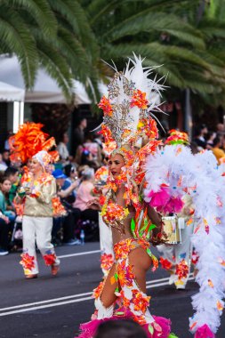 Santa Cruz de Tenerife, İspanya, 17 Şubat 2026. Avrupa 'nın en büyük sokak karnavallarından biri olan Santa Cruz de Tenerife Karnavalı sırasında muhteşem renkli kostümler içinde gösteri yapanlar.