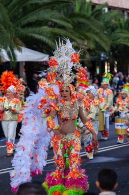 Santa Cruz de Tenerife, İspanya, 17 Şubat 2026. Avrupa 'nın en büyük sokak karnavallarından biri olan Santa Cruz de Tenerife Karnavalı sırasında muhteşem renkli kostümler içinde gösteri yapanlar.