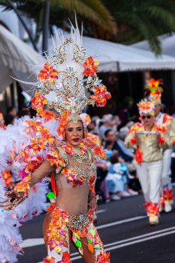 Santa Cruz de Tenerife, İspanya, 17 Şubat 2026. Avrupa 'nın en büyük sokak karnavallarından biri olan Santa Cruz de Tenerife Karnavalı sırasında muhteşem renkli kostümler içinde gösteri yapanlar.