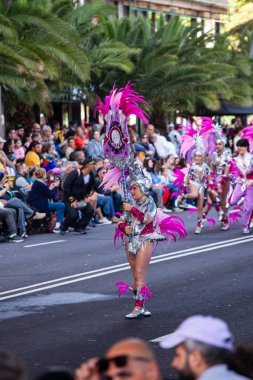 Santa Cruz de Tenerife, İspanya, 17 Şubat 2026. Avrupa 'nın en büyük sokak karnavallarından biri olan Santa Cruz de Tenerife Karnavalı sırasında muhteşem renkli kostümler içinde gösteri yapanlar.