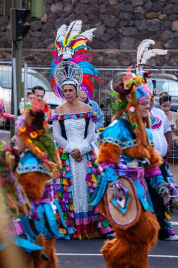 Santa Cruz de Tenerife, İspanya, 17 Şubat 2026. Avrupa 'nın en büyük sokak karnavallarından biri olan Santa Cruz de Tenerife Karnavalı sırasında muhteşem renkli kostümler içinde gösteri yapanlar.
