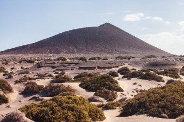 İspanya 'nın Kanarya Adaları, Tenerife, El Medano yakınlarındaki Doğal Montana Roja volkanik manzarası. Altın kum tepeleri ve dramatik volkanik dağ Atlantik kıyısında çarpıcı bir çöl manzarası yaratır. Hiki ile bilinen korunan doğal alan.