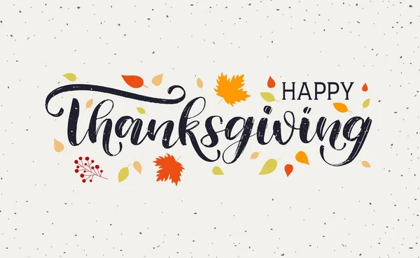 Happy Thanksgiving Day typographie design vectoriel pour cartes de vœux et affiche sur fond de feuilles d'automne texturées. Joyeux Thanksgiving lettrage, logo, inscription, étiquette — Image vectorielle