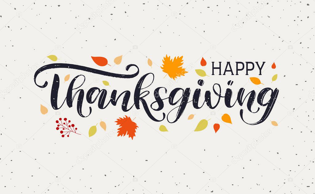 Happy Thanksgiving Day typography vector design for greeting cards and poster on textured autumn leaves background. Happy Thanksgiving lettering, logo, inscription, label