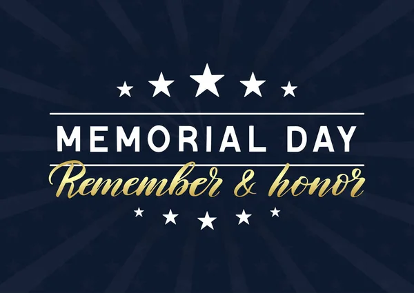 Memorial Day Remember and Honor poster tipografi. Bintang, garis-garis, bendera. Ilustrasi vektor huruf sebagai templat untuk desain hari peringatan. - Stok Vektor