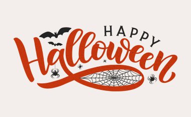 Mutlu Cadılar Bayramı tipografi posterleri. Cadılar Bayramı modern kaligrafi örümcekler, yarasalar ve örümcek ağı afiş, poster, tebrik kartı, parti davetiyesi.