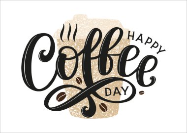 Fasulye ve dokulu kahve fincanlarıyla süslenmiş mutlu kahve günü posteri. Kahve günü posteri, afişi, reklamı ve menüsü için el çizimi tasarımı.