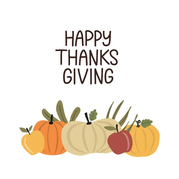 Trendy minimalistic happy thanksgiving greeting card decorated by harvest pumpkins and apples illustration. Happy thanksgiving concept for social media post — Stock Vector