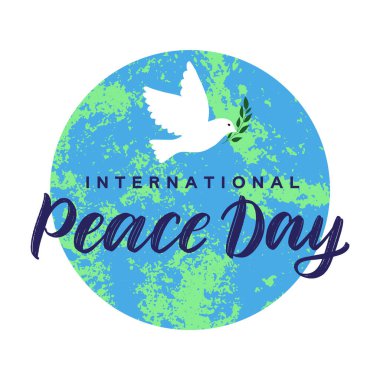 Uluslararası Barış Günü vektör kavramı. Modern fırça kaligrafisi Barış Günü Dünya silueti ve uçan güvercinler tarafından dekore edildi..