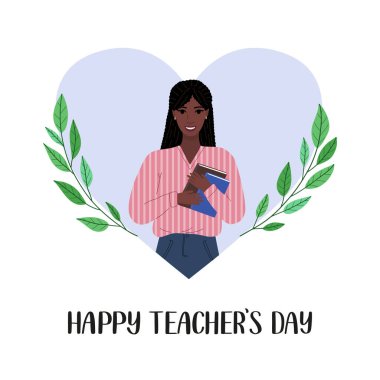 Öğretmenler Günü vektör kavramın kutlu olsun. Genç Afrikalı Amerikalı kadın kitap tutuyor ve gülümsüyor. Sosyal medya paylaşımı için Mutlu Öğretmenler Günü illüstrasyon şablonu.