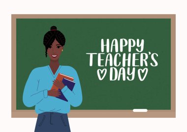 Öğretmenler Günü vektör kavramın kutlu olsun. Genç Afro-Amerikan kadın öğretmen elinde kitaplarla ayakta duruyor ve mutlu öğretmenler günü yazılı karatahtanın yanında gülümsüyor..