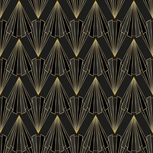 Art Deco lyxigt sömlöst mönster. Guld geometriska element på svart bakgrund. Art Deco modedesign som textil, tyg, heminredning, omslagspapper. — Stock vektor