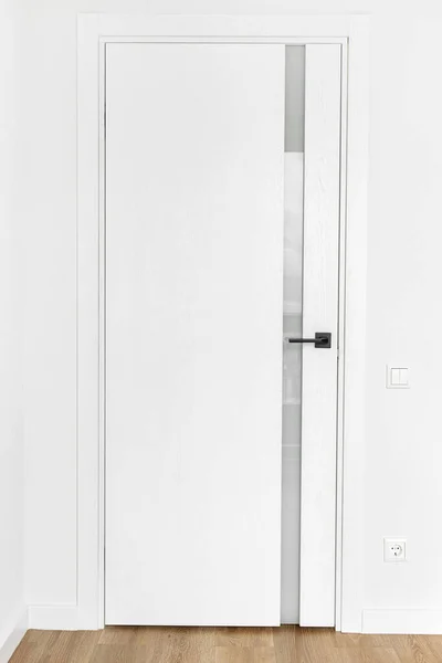 Kompletní fotografie moderních bílých dveří s antracitovou klikou. Skandinávský styl. — Stock fotografie