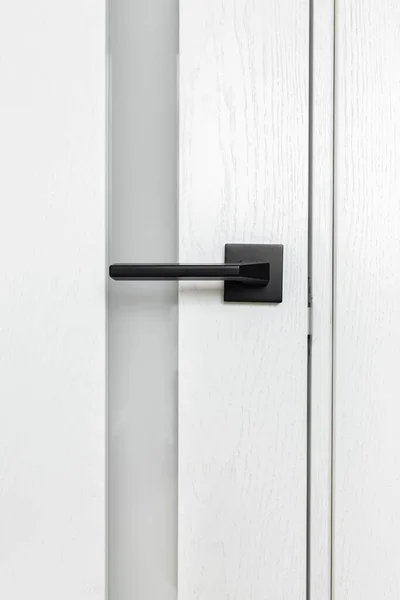 Närbild vertikal bild av modern vit dörr med antracit dörrhandtag. — Stockfoto
