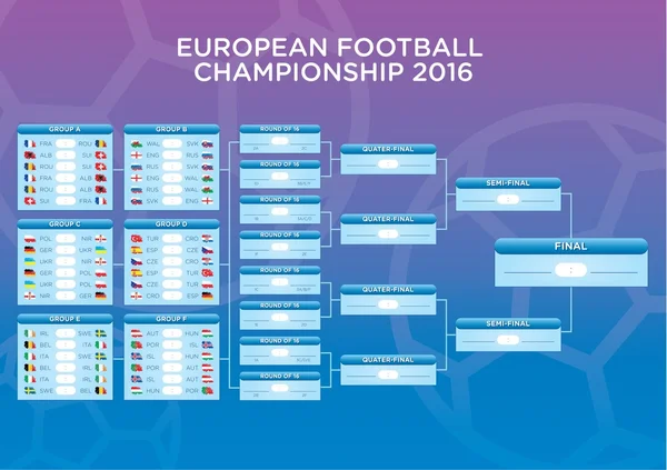 Euro 2016 futbol maç programı, web, baskı, futbol sonuçları tablosu, Avrupa ülkelerinin bayrakları için şablon.