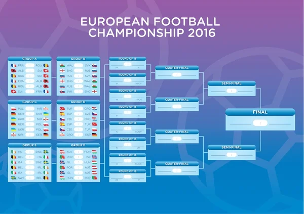 Euro 2016 Footbal Calendrier des matchs, modèle pour le web, imprimer, tableau des résultats de football, drapeaux des pays européens . — Image vectorielle
