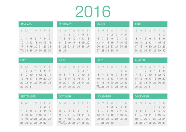 Calendario 2016 Modello vettoriale — Vettoriale Stock