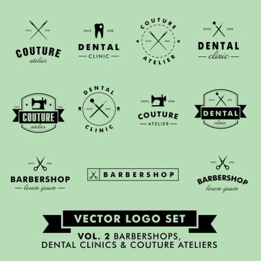 Retro Vintage Hipster berber, Couture Atelier ve diş Kliniği vektör Logo koymak