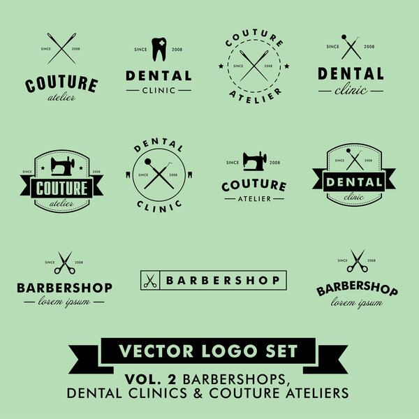 Ретро винтажный хипстер парикмахерская, кутюр ателье и векторный логотип стоматологической клиники
