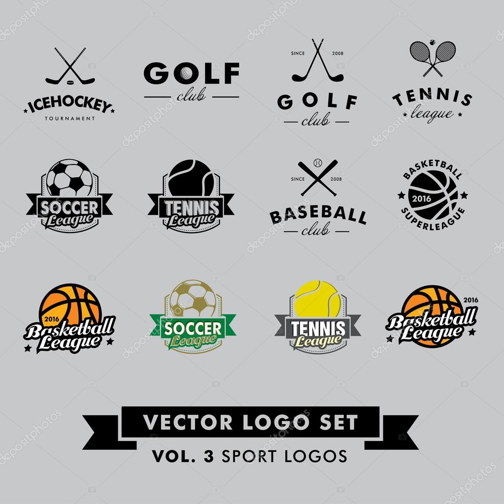 Retro Vintage Hipster Sport Vector Logo Set. Baseball, tennis, soccer, football, golf, icehockey, basketball.